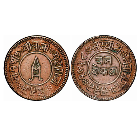 Nawanagar, Copper 3 Dokda, 18.72g, Jam Vibhaji, VS 1928. KM 17. Very Fine+, Scarce.