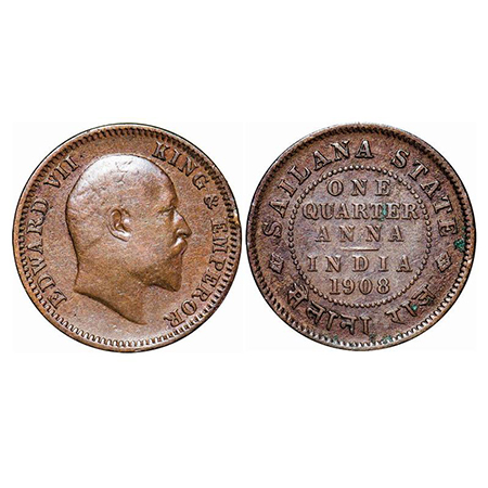 Sailana, Copper ¼ Anna, 4.65g, Jaswant Singh (1890-1919 AD), 1908 AD, bust of Edward VII o