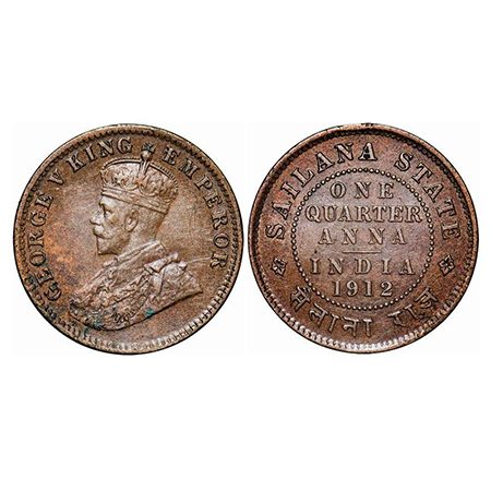 Sailana, Copper ¼ Anna, 4.76g, Jaswant Singh (1890-1919 AD), 1912 AD, bust of George V on 