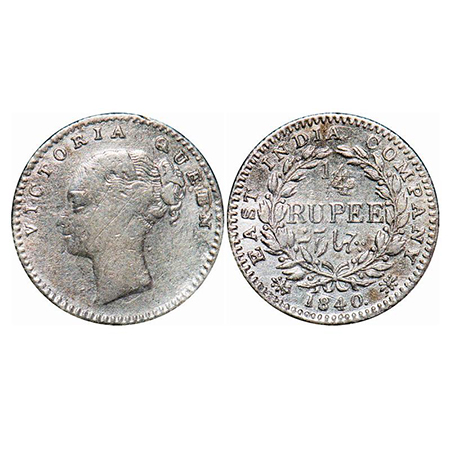 Victoria Queen, Silver, 1/4 Rupee, 1840, CL, Calcutta Mint, A/I, English Head, Curl of 2 h