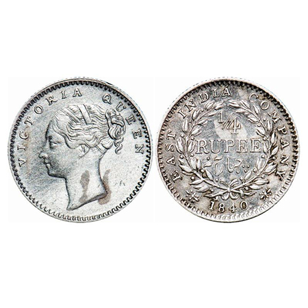 Victoria Queen, Silver, 1/4 Rupee, 1840, CL, Calcutta Mint, A/I, English Head,Curl of 2 ha