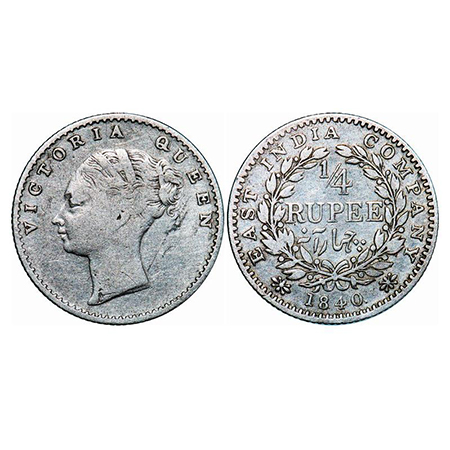 Victoria Queen, Silver, 1/4 Rupee, 1840, CL, Calcutta Mint, A(b)/I, Mule, Single curl of h