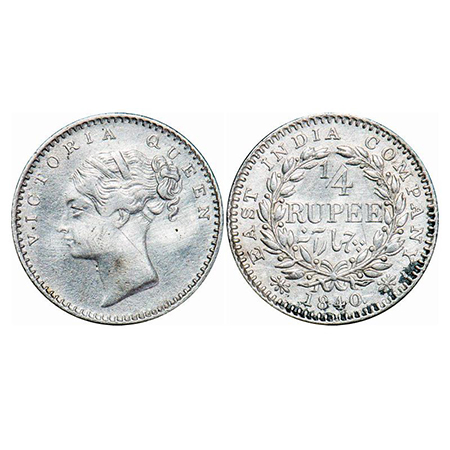 Victoria Queen, Silver, 1/4 Rupee, 1840, CL, Bombay Mint, A(b)/I, Single curl of hair on s