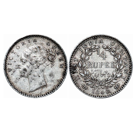 Victoria Queen, Silver, 1/4 Rupee, 1840, CL, Bombay Mint, B/I, English Head with modified 
