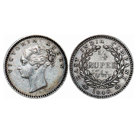 Victoria Queen, Silver, 1/4 Rupee, 1840, CL, Bombay Mint, B/I, English Head with modified 