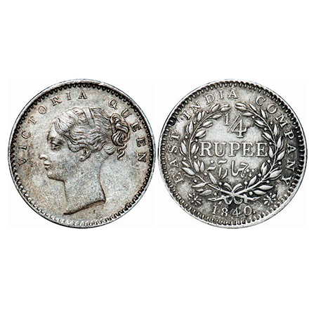 Victoria Queen, Silver, 1/4 Rupee, 1840, CL, Bombay Mint, B/I, English Head with modified 