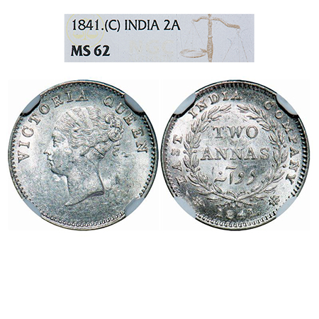 Victoria Queen, Silver, 2 Annas, 1841, CL, Calcutta Mint, A/I, No curls of hair on first t