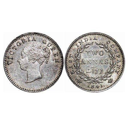 Victoria Queen, Silver, 2 Annas, 1841, CL, Calcutta Mint, A/I, Curls of hair on first hair