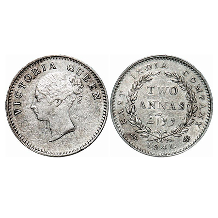 Victoria Queen, Silver, 2 Annas, 1841, CL, Calcutta Mint, A(a)/I, Curl of hairs on first h