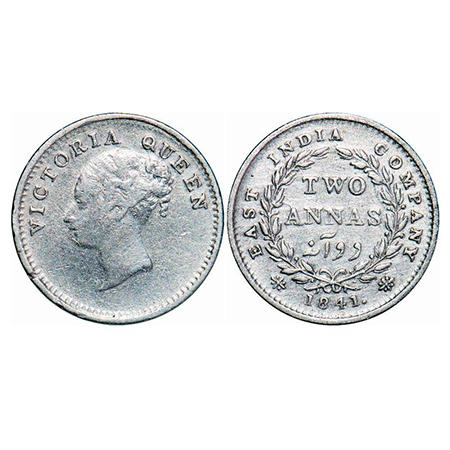 Victoria Queen, Silver, 2 Annas, 1841, CL, Madras Mint, A(a)/I, 'S' incused and 'V' raised