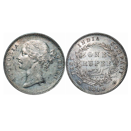 Victoria Queen, Silver, Rupee, 1840, DL, Calcutta Mint, W.W. Raised, Wreath with 28 Berrie