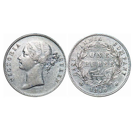 Victoria Queen, Silver, Rupee, 1840, DL, Calcutta Mint, W.W. raised, Wreath with 28 Berrie