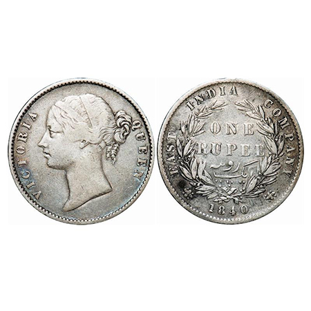 Victoria Queen, Silver, Rupee, 1840, DL, Calcutta Mint, W.W. raised, Wreath with 28 Berrie