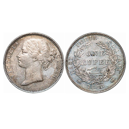 Victoria Queen, Silver, Rupee, 1840, DL, Madras Mint, W.W. R raised, B broken at bottom re