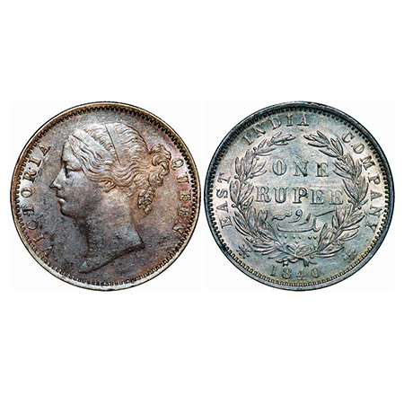 Victoria Queen, Silver, Rupee, 1840, DL, Madras Mint, W.W. B raised, Wreath with 28 Berrie
