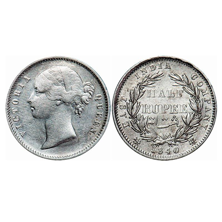 Victoria Queen, Silver, Half Rupee, 1840, DL, Calcutta Mint, .W.W incused, Wreath with 24 