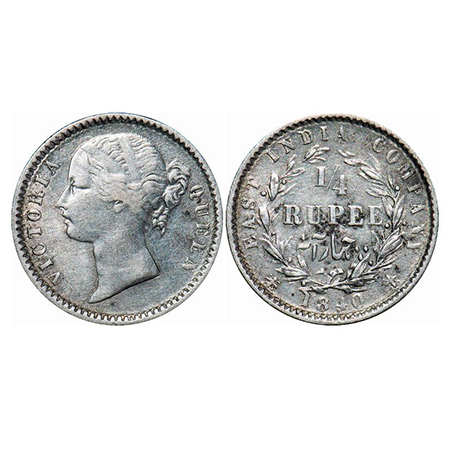 Victoria Queen, Silver, 1/4 Rupee, 1840, DL, Calcutta Mint, W.W. raised, Wreath with 10 Be