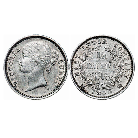 Victoria Queen, Silver, 1/4 Rupee, DL, 1840, Bombay Mint, W.W. raised, Cross bar of numera