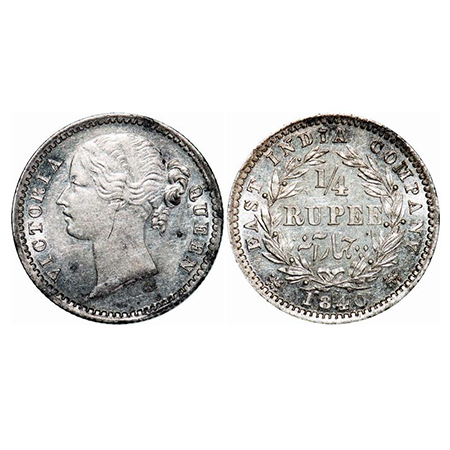 Victoria Queen, Silver, 1/4 Rupee, 1840, DL, Madras Mint, W.W. 'S' raised, Cross bar of nu
