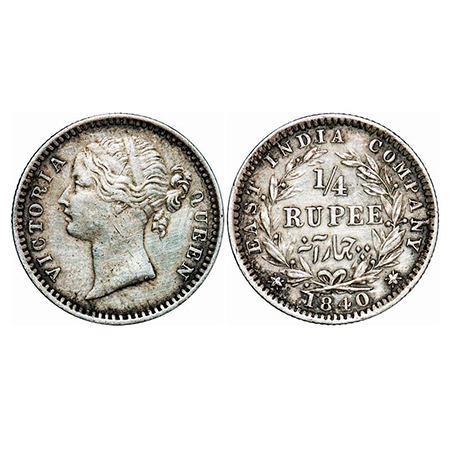 Victoria Queen, Silver, 1/4 Rupee, 1840, DL, Madras Mint, W.W. 'B' raised, Cross bar of nu