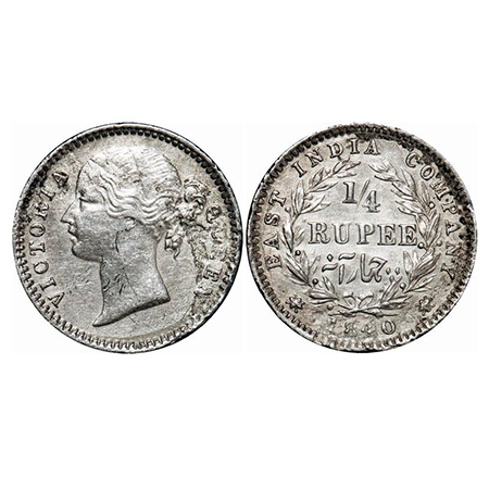 Victoria Queen, Silver, 1/4 Rupee, 1840, DL, Madras Mint, W.W. 'B' raised, Cross bar of nu