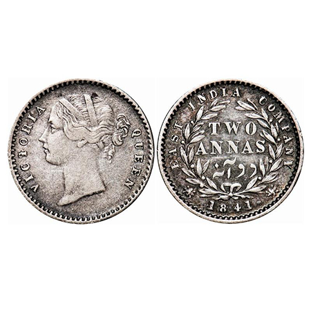 Victoria Queen, Silver, 2 Annas, 1841, DL, Calcutta Mint, W.W. raised, Wreath with 9 Berri