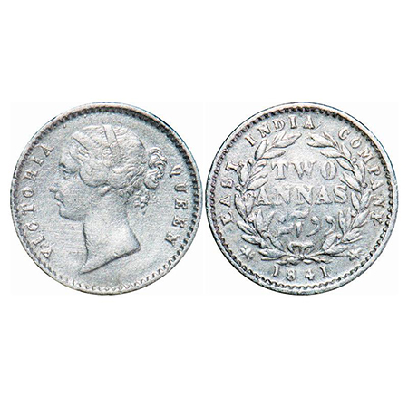 Victoria Queen, Silver, 2 Annas, 1841, DL, Calcutta Mint, W.W. raised, Wreath with 9 Berri
