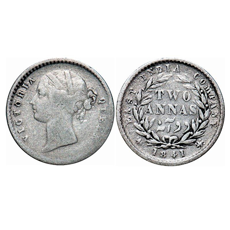 Victoria Queen, Silver, 2 Annas, 1841, DL, Calcutta Mint, Wreath with 9 Berries (5L+ 4R). 
