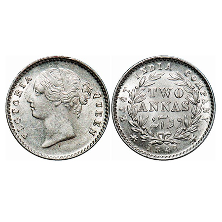 Victoria Queen, Silver, 2 Annas, 1841, DL, Calcutta Mint, W.W. raised, Wreath with 9 Berri