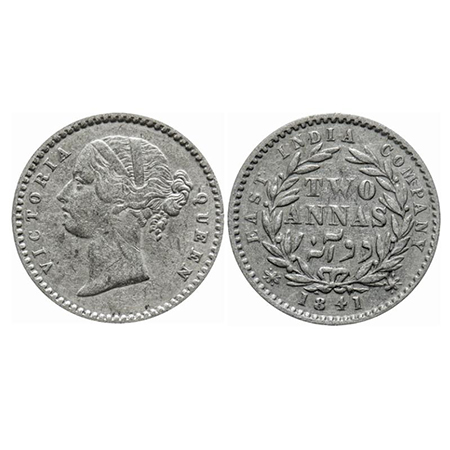 Victoria Queen, Silver, 2 Annas, 1841, DL, Madras Mint, 'S' incused, W.W. raised, Wreath w