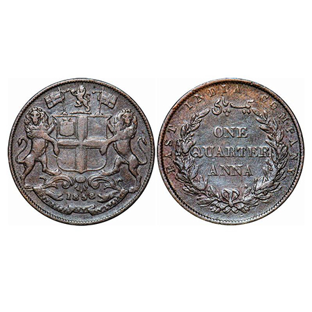 Victoria Queen, Copper, Quarter Anna, 1858, J. Watt & Co., Birmingham Mint, Single leaf, Y