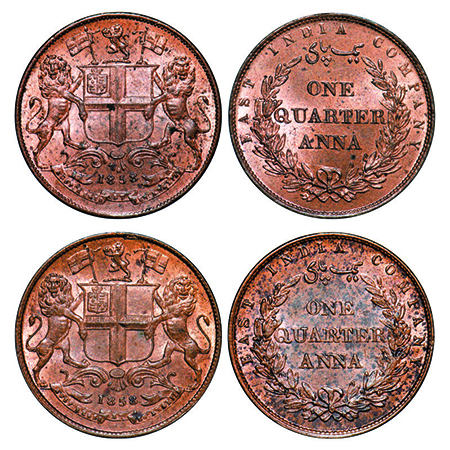 Victoria Queen, Copper, Quarter Anna, (2 coins), 1858, J. Watt & Co. Birmingham Mint, Sing