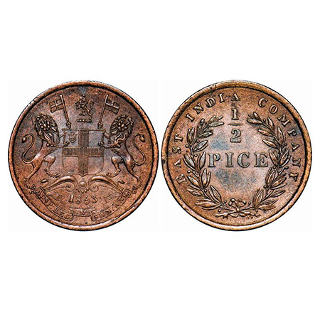 Victoria Queen, Copper, 1/2 Pice, 1853, Calcutta Mint, A/I, Rounded beads above year numer