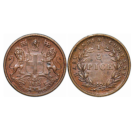 Victoria Queen, Copper, 1/2 Pice, 1853, Calcutta Mint, B/I, Elongated beads above year num