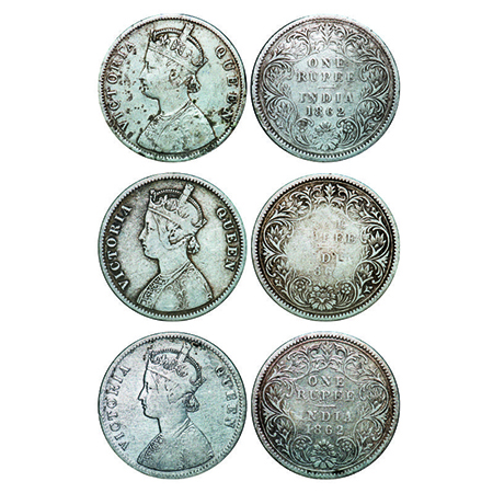 Victoria Queen, Silver, Rupee, (3 coins), 1862, Calcutta Mint,1) B/III, Embroidery in high
