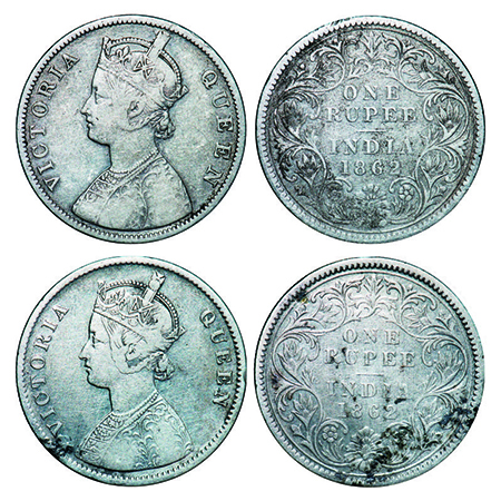 Victoria Queen, Silver, Rupee, (2 coins), 1862, Calcutta Mint,1) B/III, Embroidery in high
