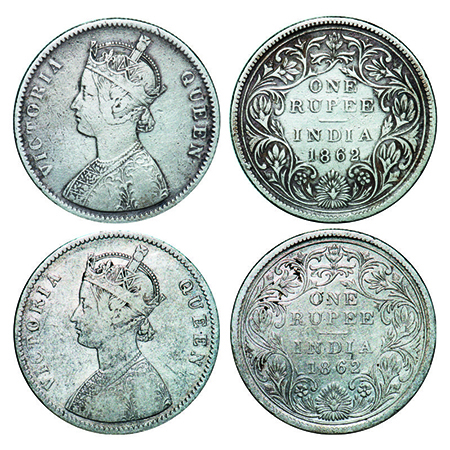 Victoria Queen, Silver, Rupee, (2 coins), 1862, Calcutta Mint, 1) A/II(i), w/o initial 'J'