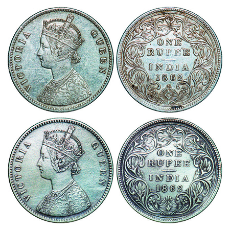 Victoria Queen, Silver, Rupee, 1862, (2 coins), Calcutta Mint, 1) A/II(i), With initial 'J