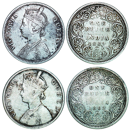 Victoria Queen, Silver, Rupee, 1862, (2 coins), Bombay Mint, 1) A/I/0/4, w/o initial 'J', 