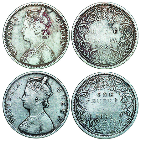Victoria Queen, Silver, Rupee, 1862, (2 coins), Bombay Mint, 1) A/I/0/4, w/o initial 'J', 