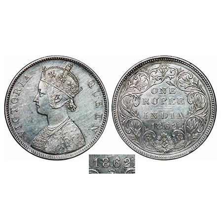 Victoria Queen, Silver, Rupee, 1862, Bombay Mint, B/II/0/4, Re-arranged fourth micro dot b