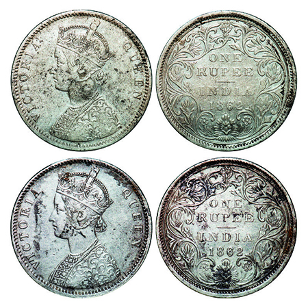 Victoria Queen, Silver, Rupee, (2 coins), 1862, Bombay Mint, A/II/0/7, With initial 'J'. G