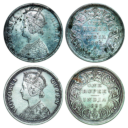 Victoria Queen, Silver, Rupee, 1862, (2 coins), Bombay Mint, 1) A/I/1/2, With initial 'J',