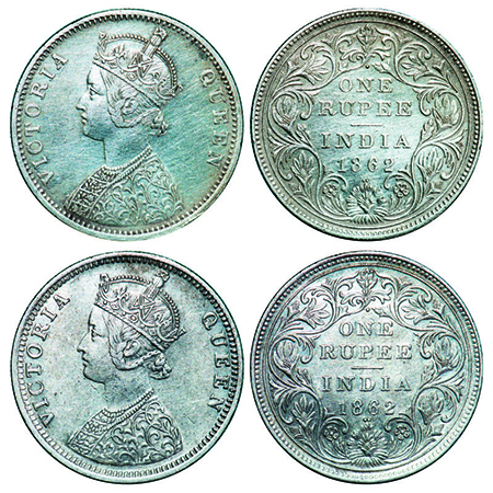 Victoria Queen, Silver, Rupee, 1862, (2 coins), Bombay Mint, 1) A/I/1/2, With initial 'J',