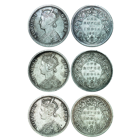Victoria Queen, Silver, Rupee, (3 coins), 1862, Bombay Mint, C/II/1/2, Three different siz