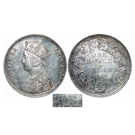Victoria Queen, Silver, Rupee, 1862, Bombay Mint, C/II/1/2, Re-engraved dies with micro do