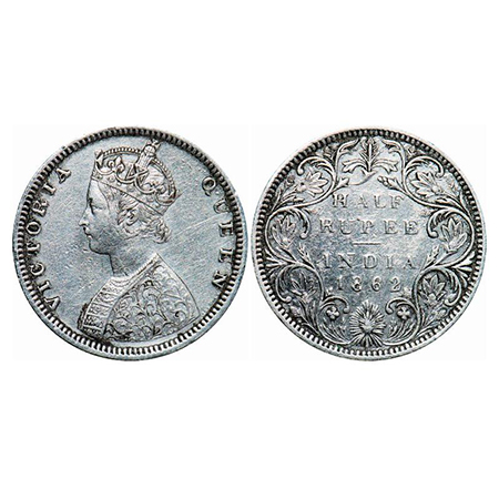 Victoria Queen, Silver, Half Rupee, 1862, Bombay Mint, B2/II, Round pearls, 5 petals flowe