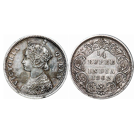 Victoria Queen, Silver, 1/4 Rupee, 1862, Calcutta Mint, A/I, Small inverted 'V' in centre 