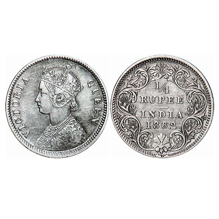 Victoria Queen, Silver, 1/4 Rupee, 1862, Calcutta Mint, A/I, Small inverted 'V' in centre 