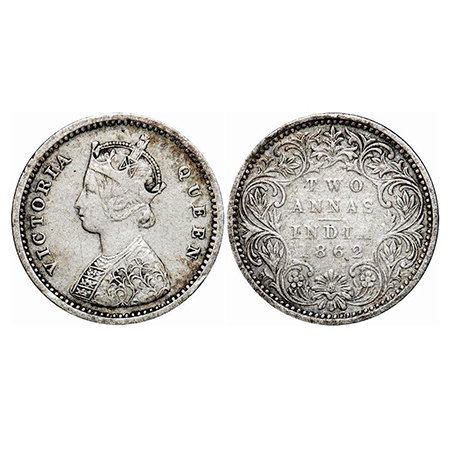 Victoria Queen, Silver, 2 Annas, 1862, Bombay Mint, A/I, Bottom flower center top petal br